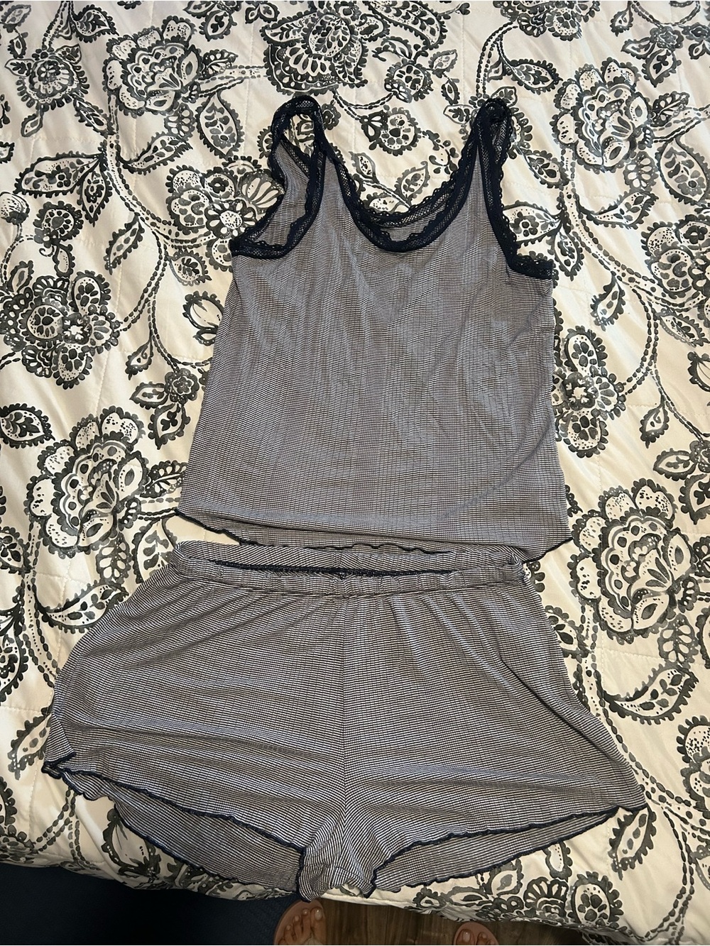 Love Gray Tank & Short Pajama Set with Black Lace Trim